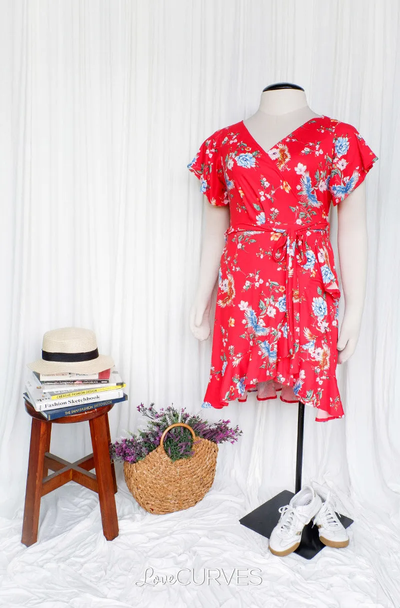 Ruffle Wrap Dress with Sash Belt - Red Empress