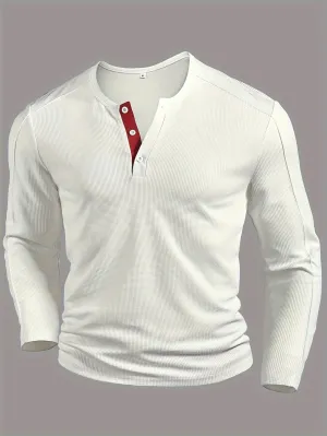 RustTui - Heren Lange Mouw Wafelgebreide Henley Shirt met Contrasterende Knoopsluiting