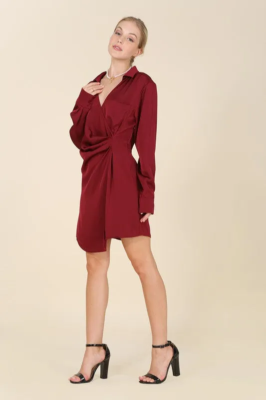 Satin Hug Collared Mini Dress