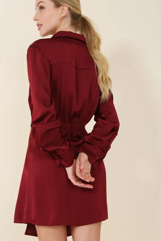 Satin Hug Collared Mini Dress