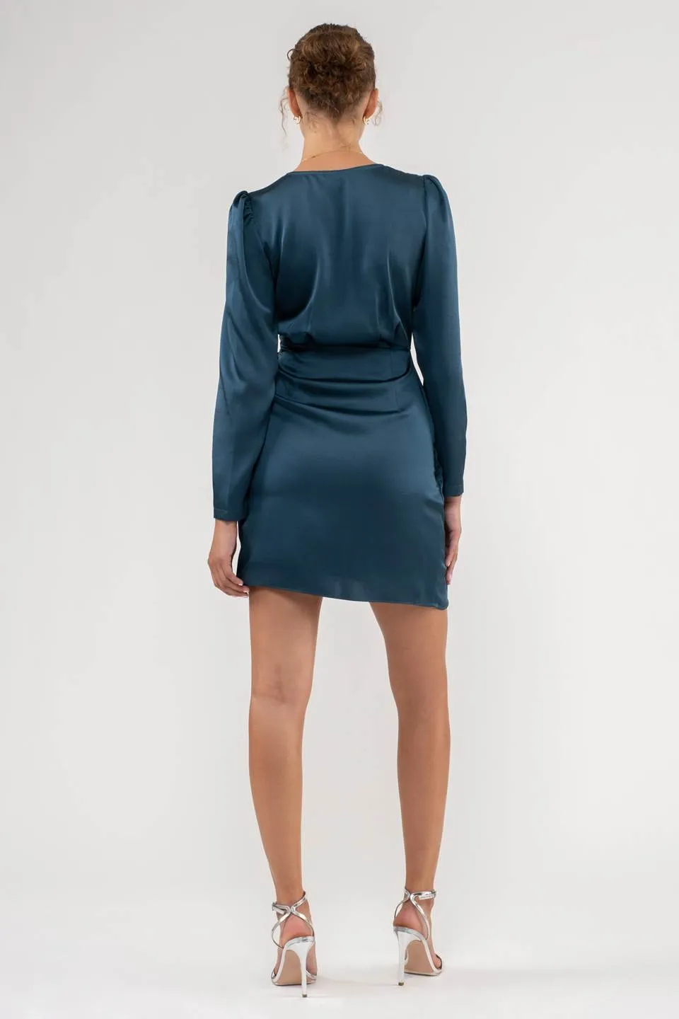 SATIN LONG SLEEVE WRAP MINI DRESS