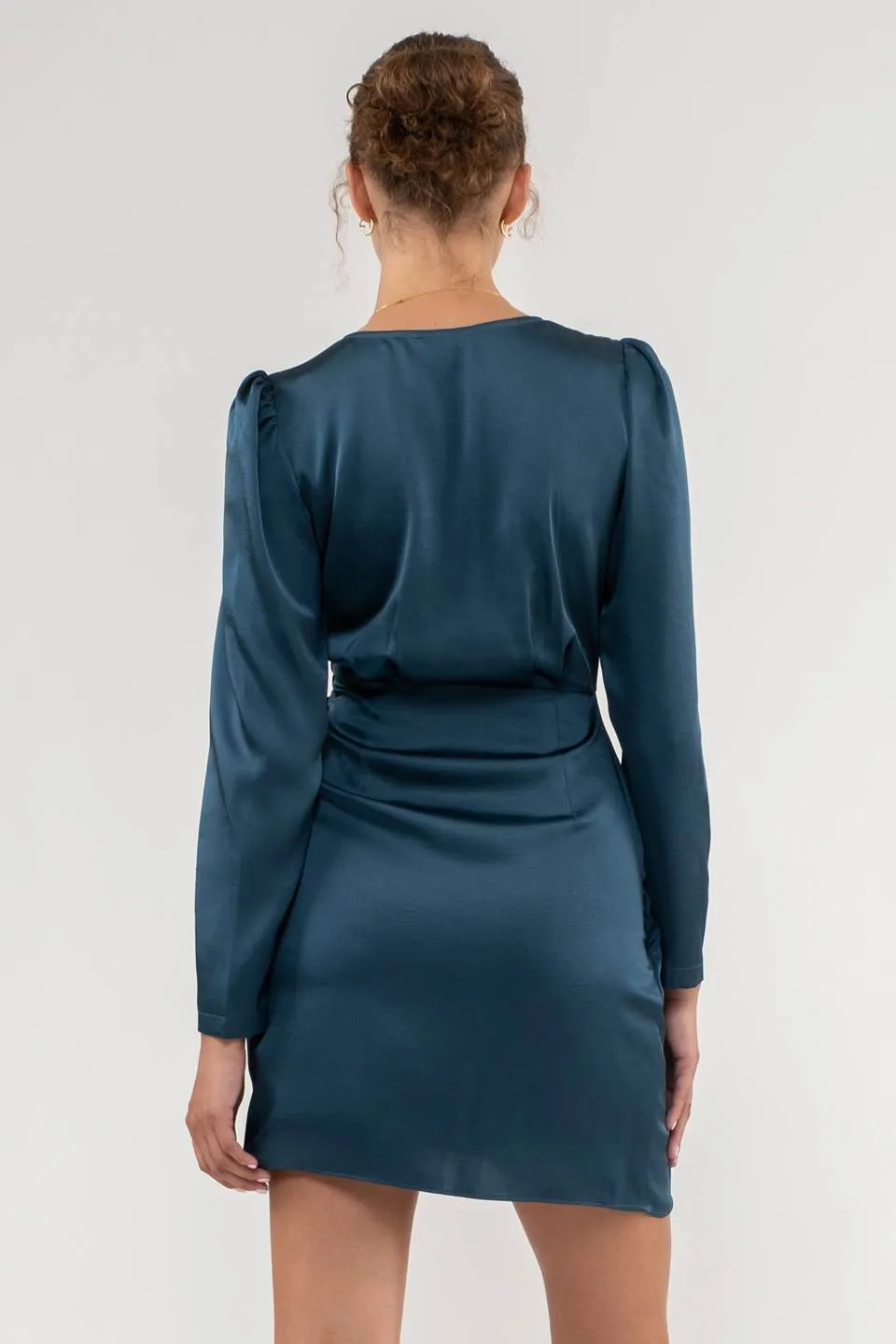 SATIN LONG SLEEVE WRAP MINI DRESS