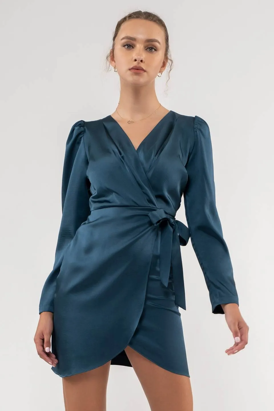 SATIN LONG SLEEVE WRAP MINI DRESS
