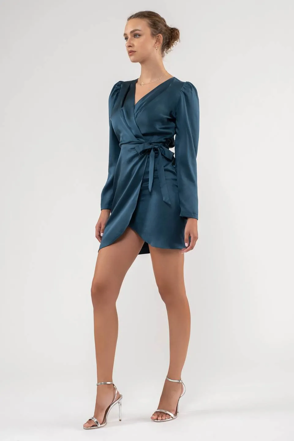 SATIN LONG SLEEVE WRAP MINI DRESS
