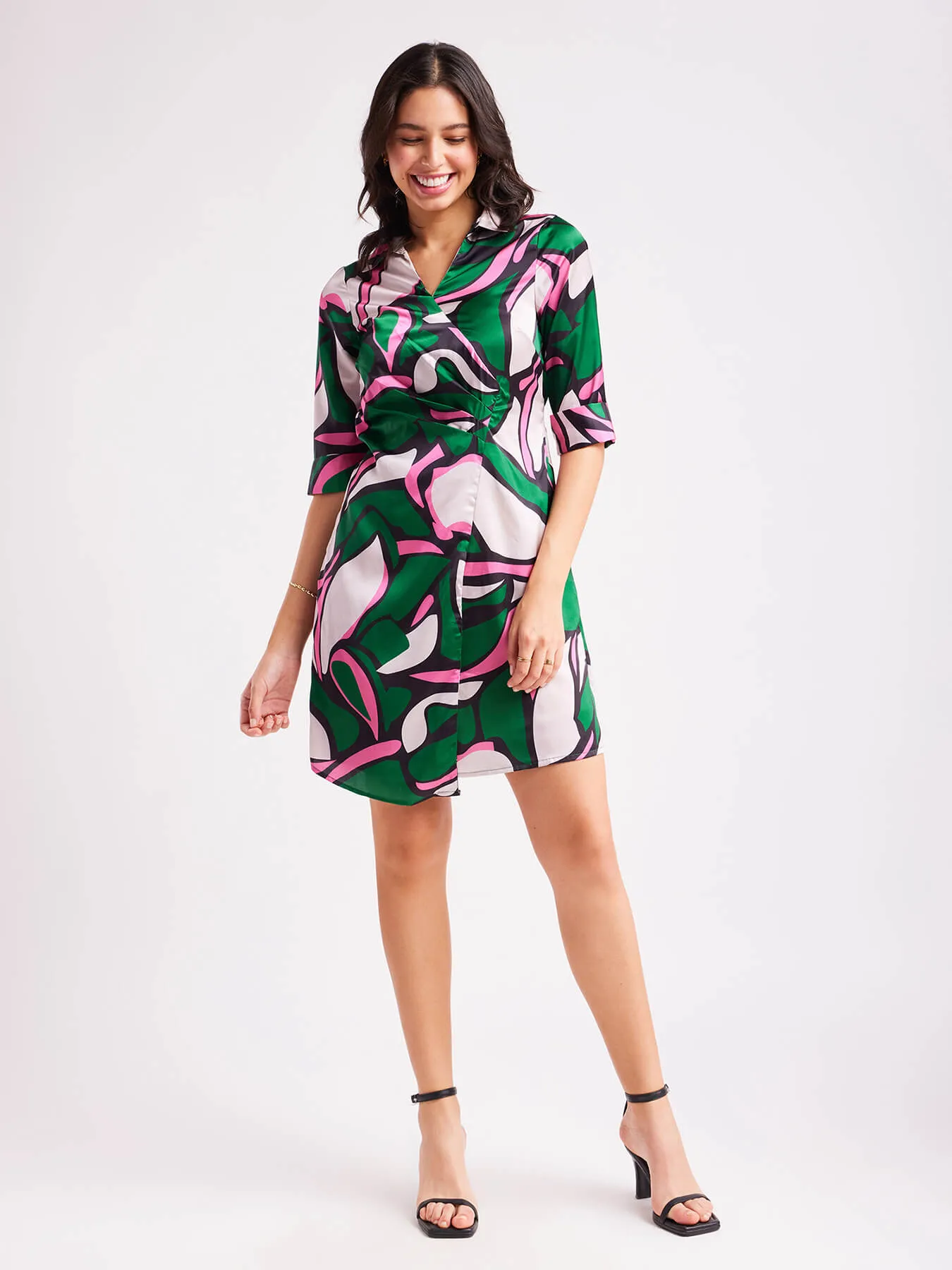 Satin Wrap Pleated Dress - Multicolour