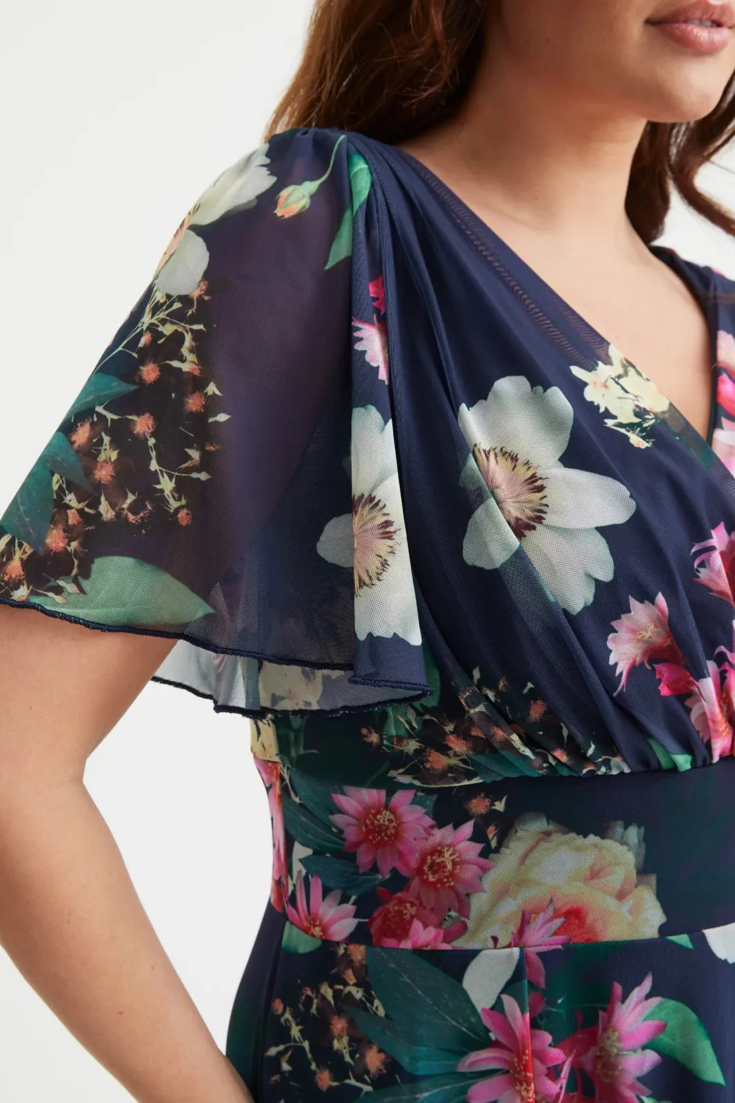 Scarlett & Jo | Navy Floral Victoria Angel Sleeve Mesh Midi Dress
