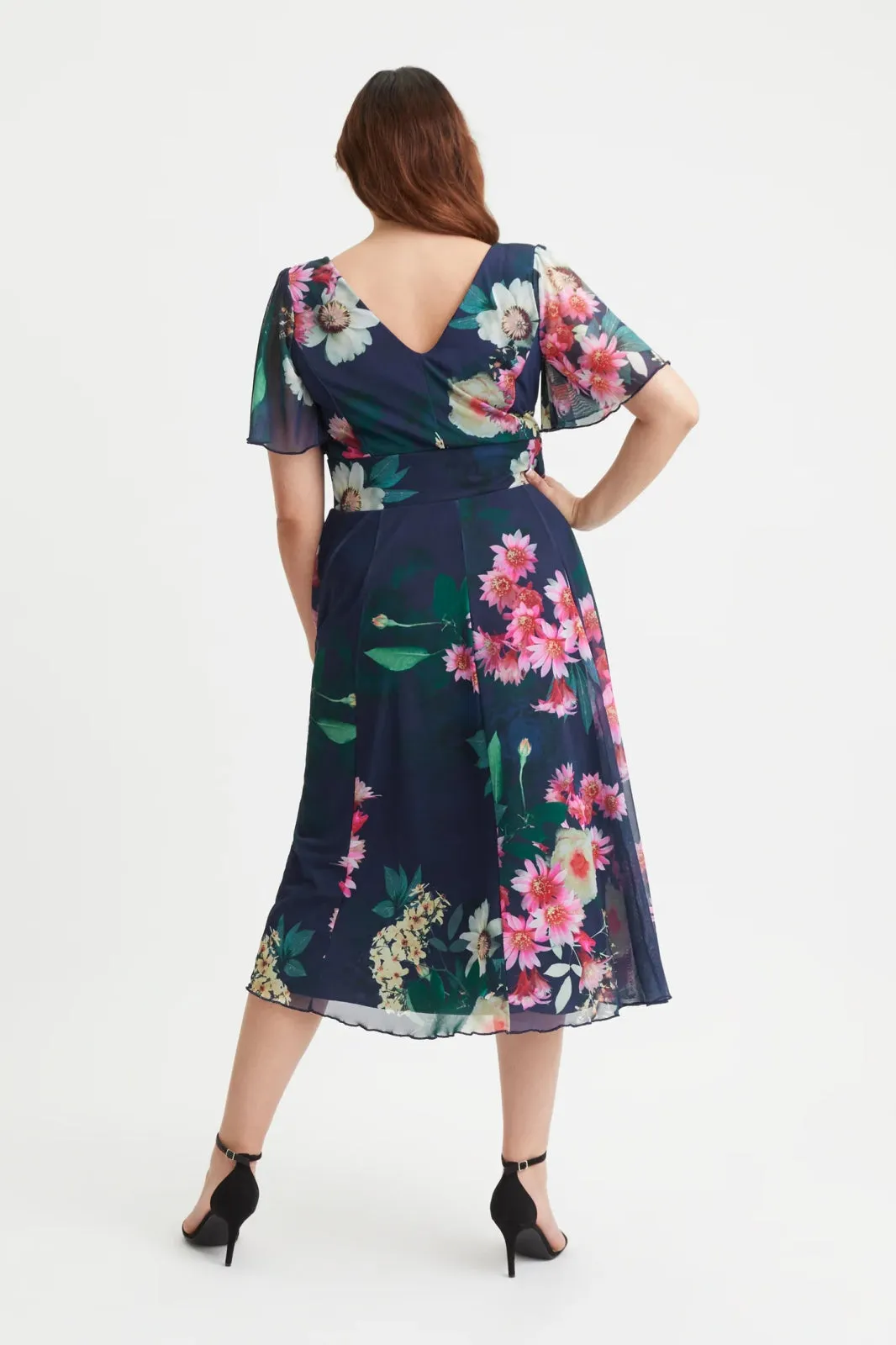 Scarlett & Jo | Navy Floral Victoria Angel Sleeve Mesh Midi Dress
