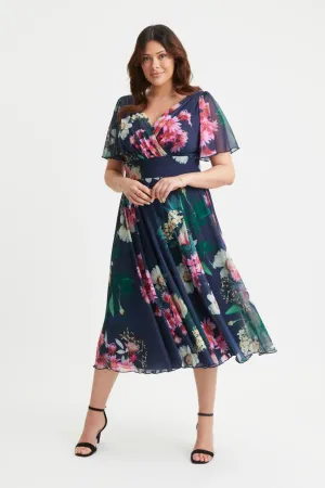 Scarlett & Jo | Navy Floral Victoria Angel Sleeve Mesh Midi Dress