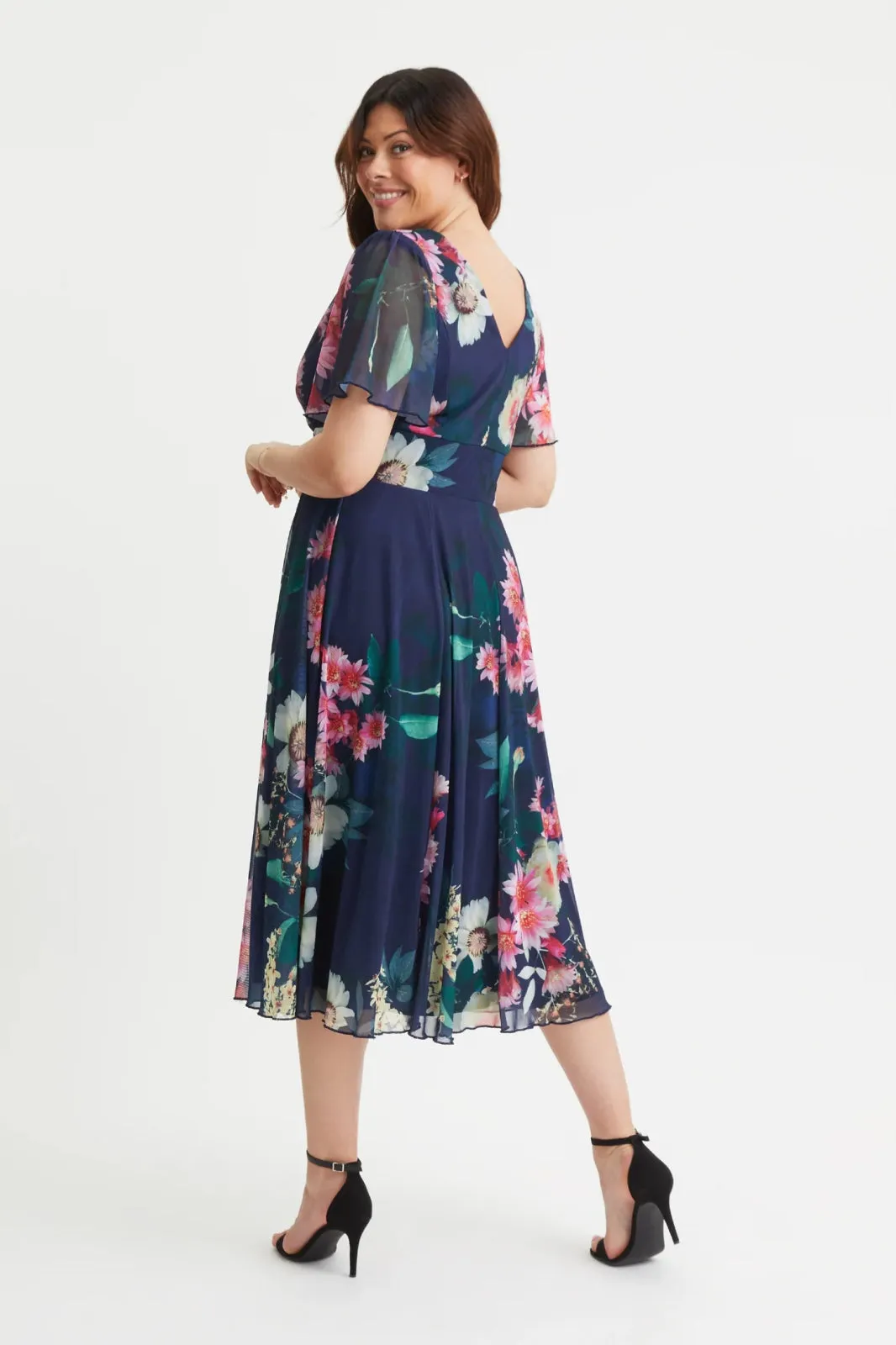 Scarlett & Jo | Navy Floral Victoria Angel Sleeve Mesh Midi Dress