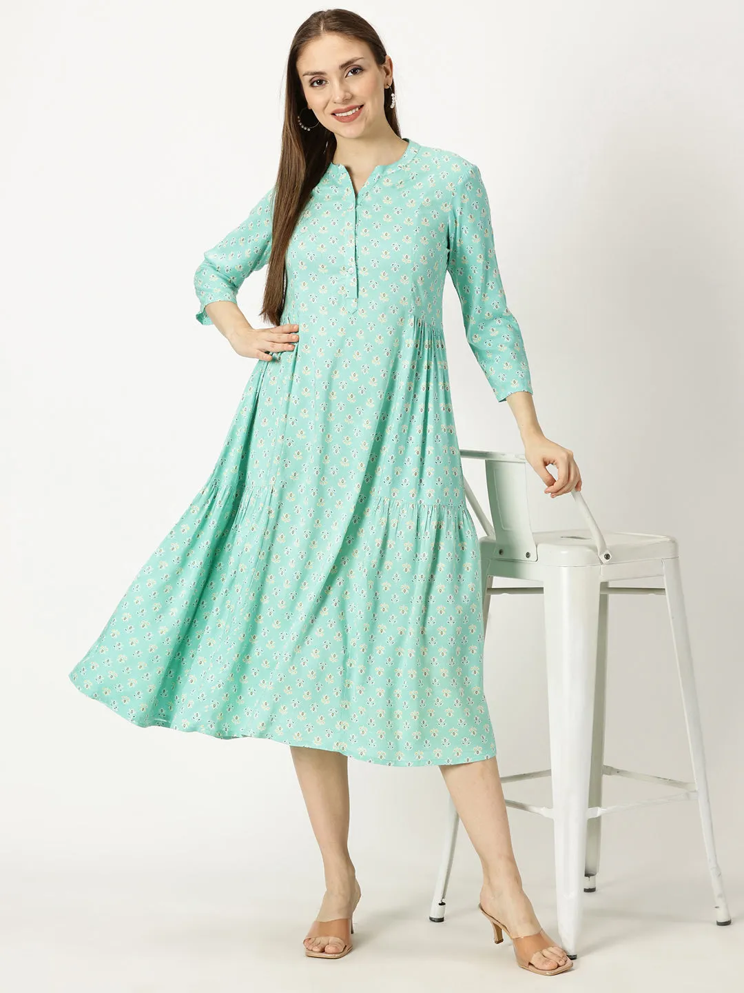 Sea Green Printed Rayon Dress with Side Gathers