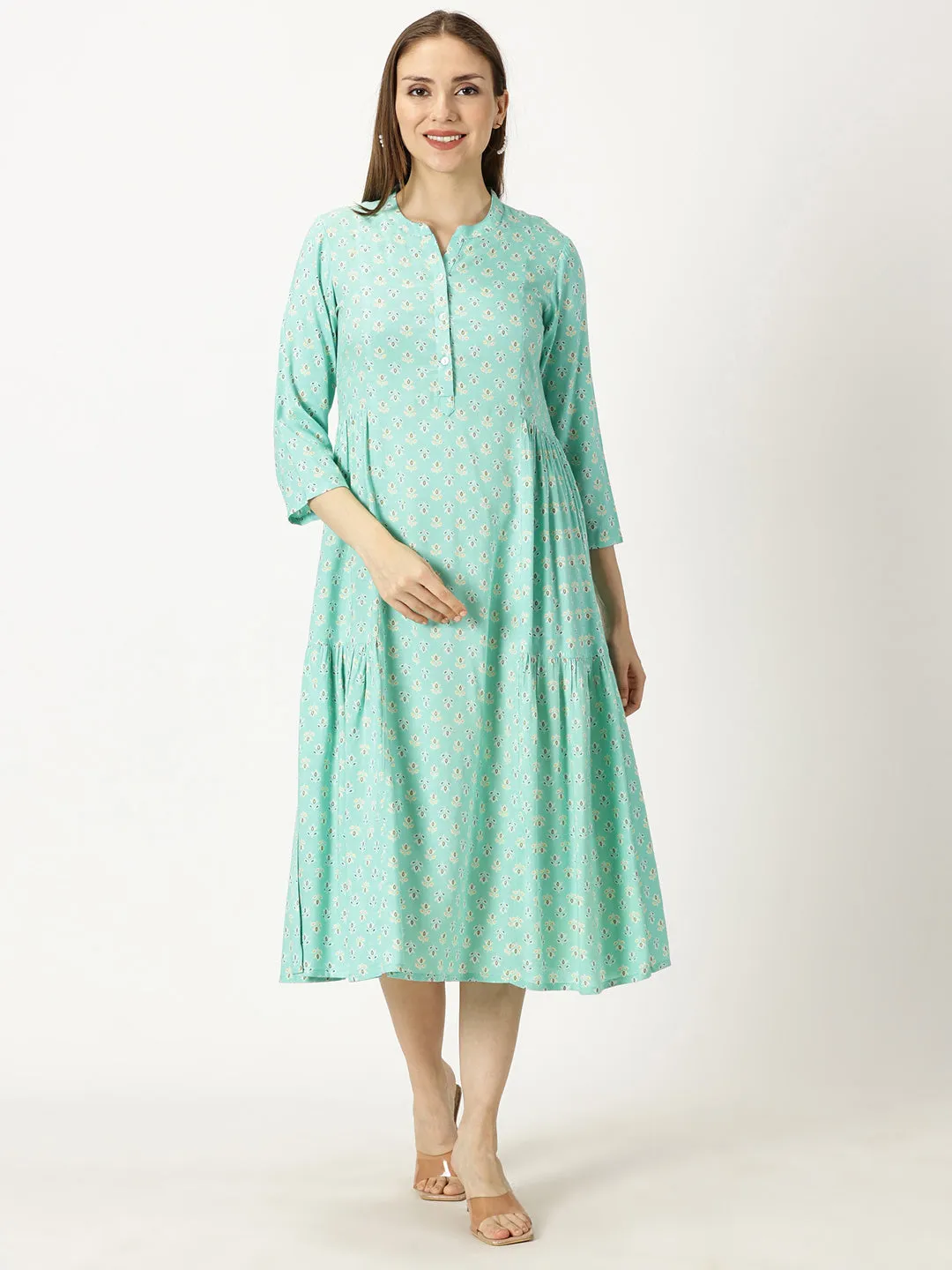 Sea Green Printed Rayon Dress with Side Gathers
