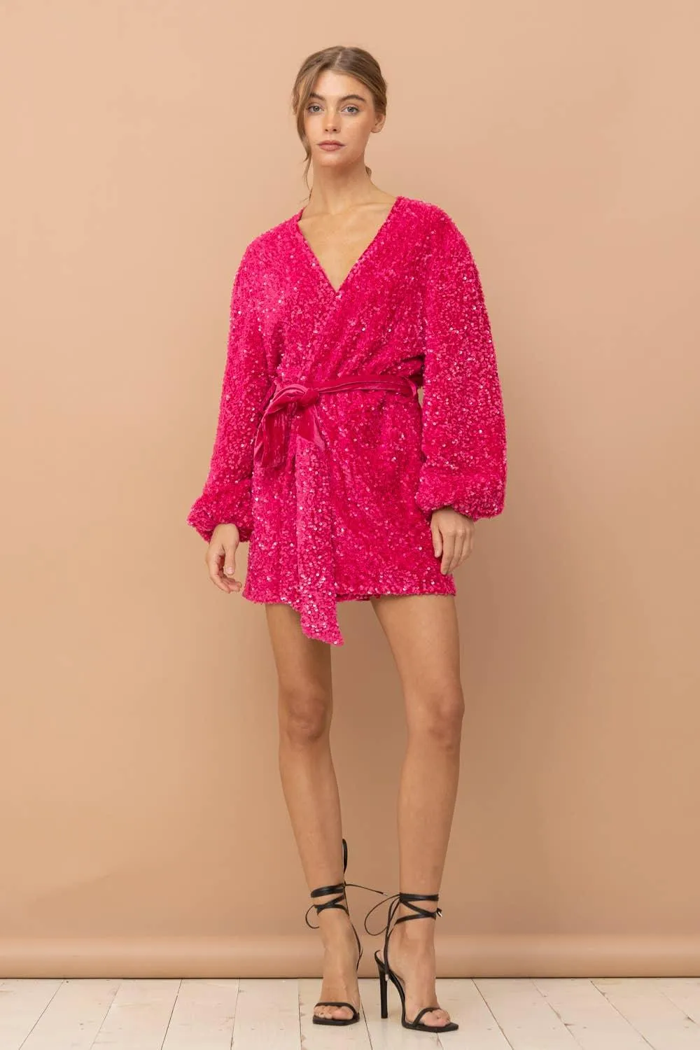 Sequin Velvet Wrap Tie Puff Glamour Dress