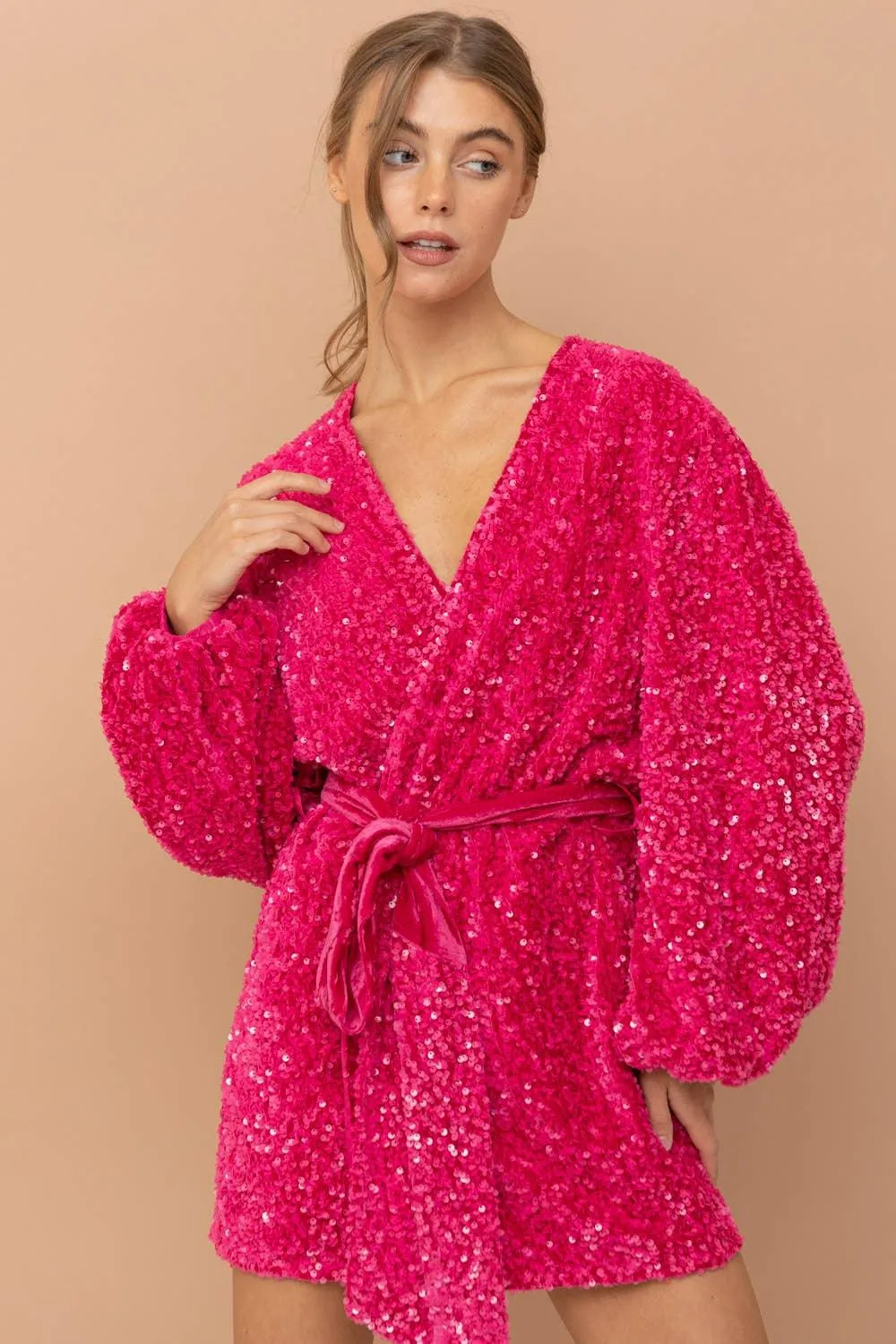 Sequin Velvet Wrap Tie Puff Glamour Dress