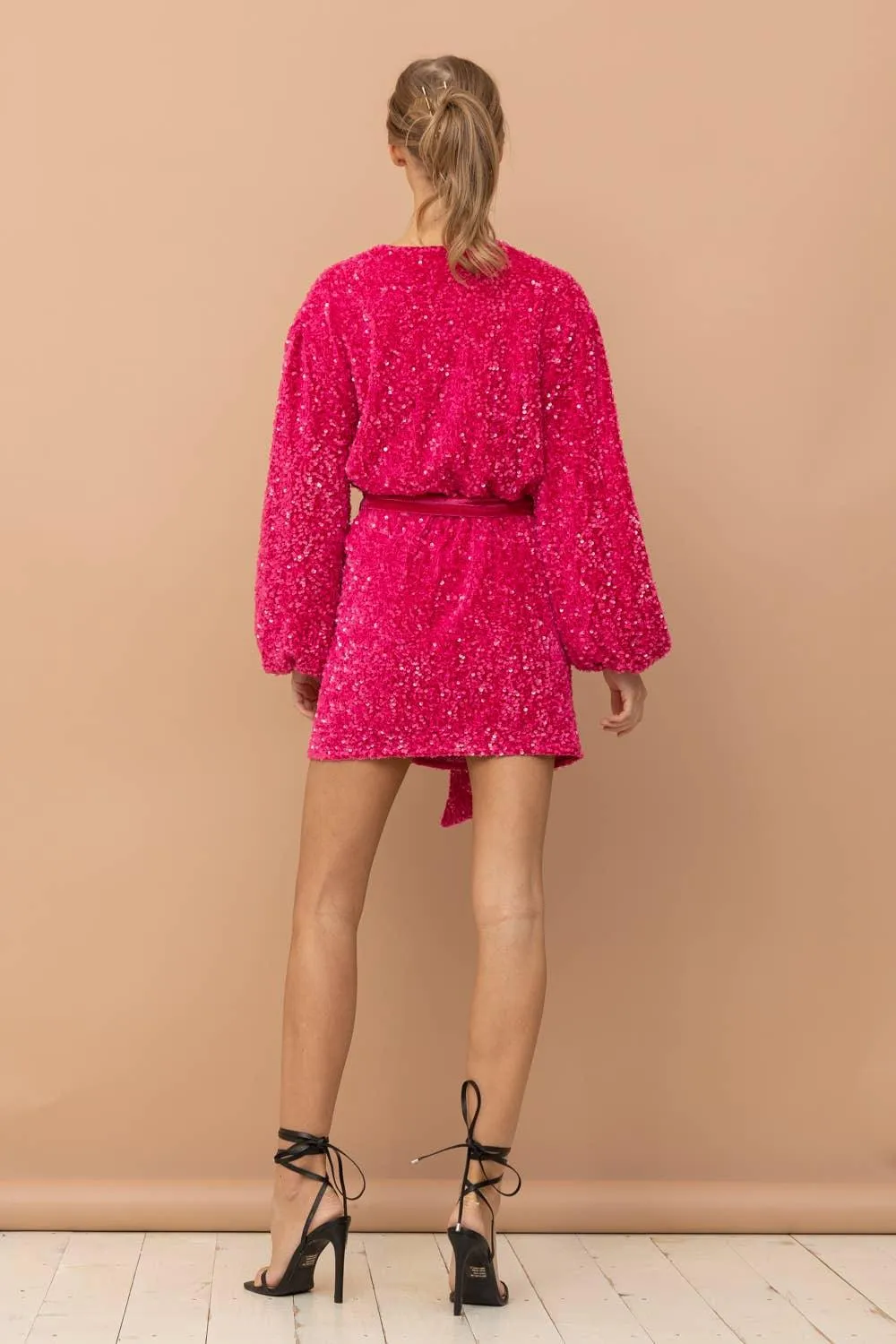 Sequin Velvet Wrap Tie Puff Glamour Dress