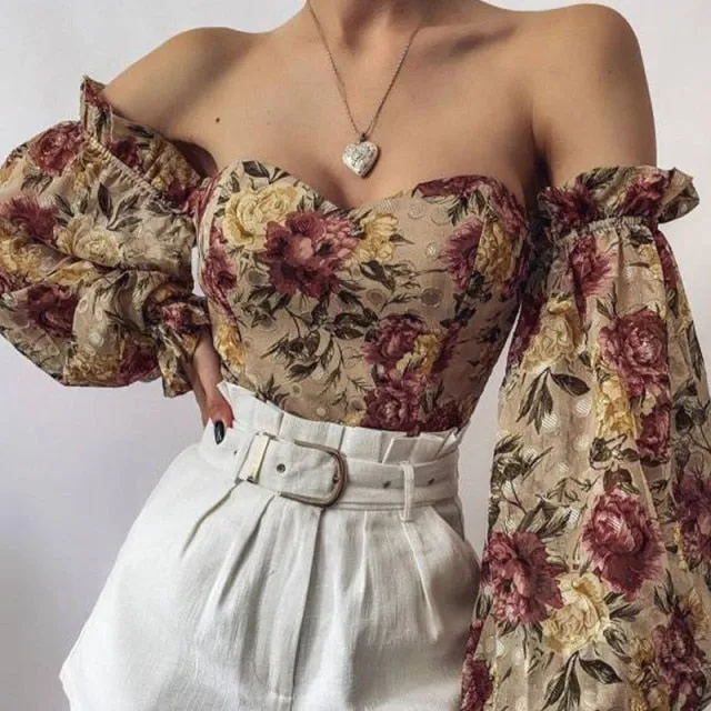 Sexy Off Shoulder Ruffles Summer Crop Top Fashion Women Holiday Beach Shirt Vintage Leaf Printed Elegant Female Blouse