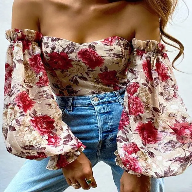 Sexy Off Shoulder Ruffles Summer Crop Top Fashion Women Holiday Beach Shirt Vintage Leaf Printed Elegant Female Blouse
