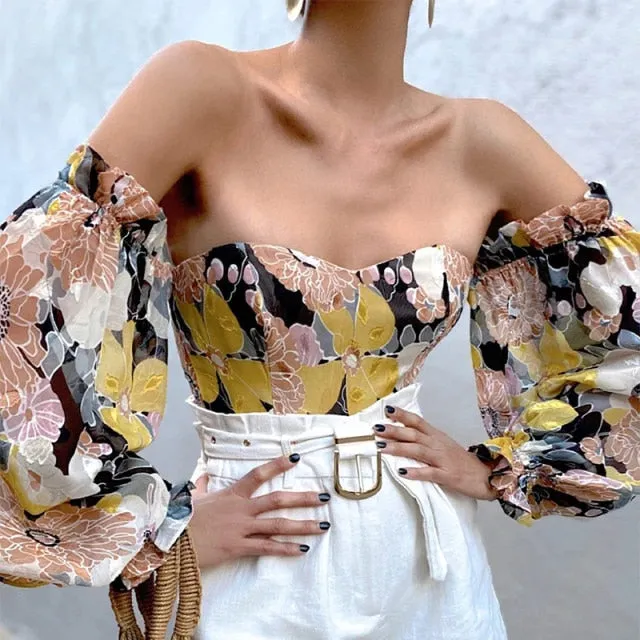 Sexy Off Shoulder Ruffles Summer Crop Top Fashion Women Holiday Beach Shirt Vintage Leaf Printed Elegant Female Blouse