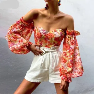 Sexy Off Shoulder Ruffles Summer Crop Top Fashion Women Holiday Beach Shirt Vintage Leaf Printed Elegant Female Blouse