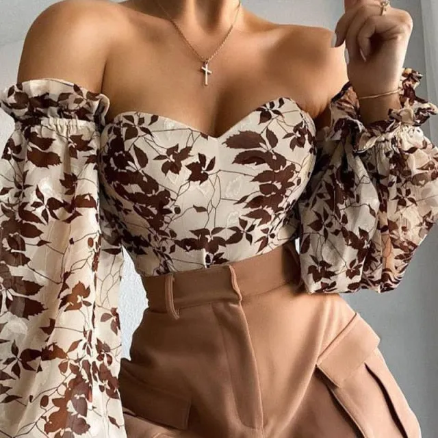 Sexy Off Shoulder Ruffles Summer Crop Top Fashion Women Holiday Beach Shirt Vintage Leaf Printed Elegant Female Blouse