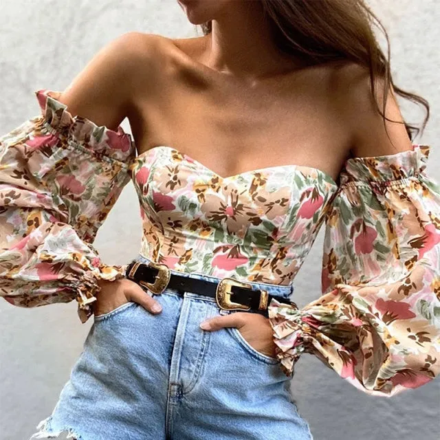Sexy Off Shoulder Ruffles Summer Crop Top Fashion Women Holiday Beach Shirt Vintage Leaf Printed Elegant Female Blouse