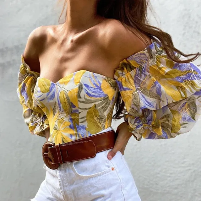 Sexy Off Shoulder Ruffles Summer Crop Top Fashion Women Holiday Beach Shirt Vintage Leaf Printed Elegant Female Blouse