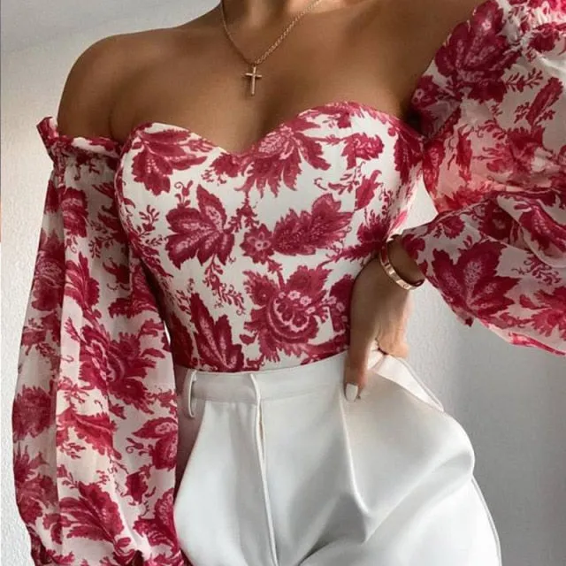 Sexy Off Shoulder Ruffles Summer Crop Top Fashion Women Holiday Beach Shirt Vintage Leaf Printed Elegant Female Blouse
