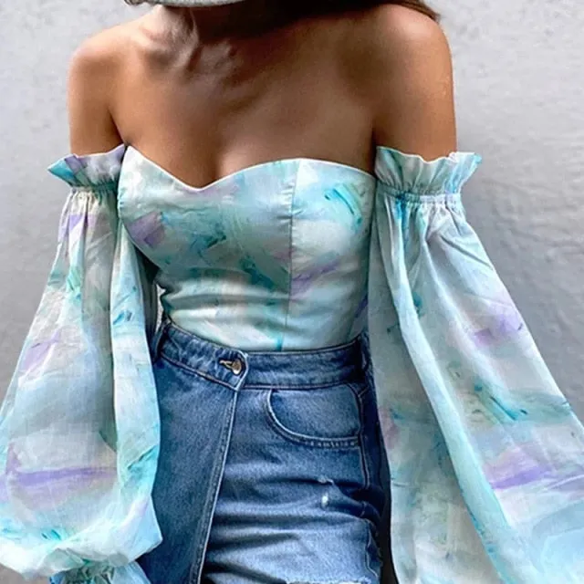 Sexy Off Shoulder Ruffles Summer Crop Top Fashion Women Holiday Beach Shirt Vintage Leaf Printed Elegant Female Blouse