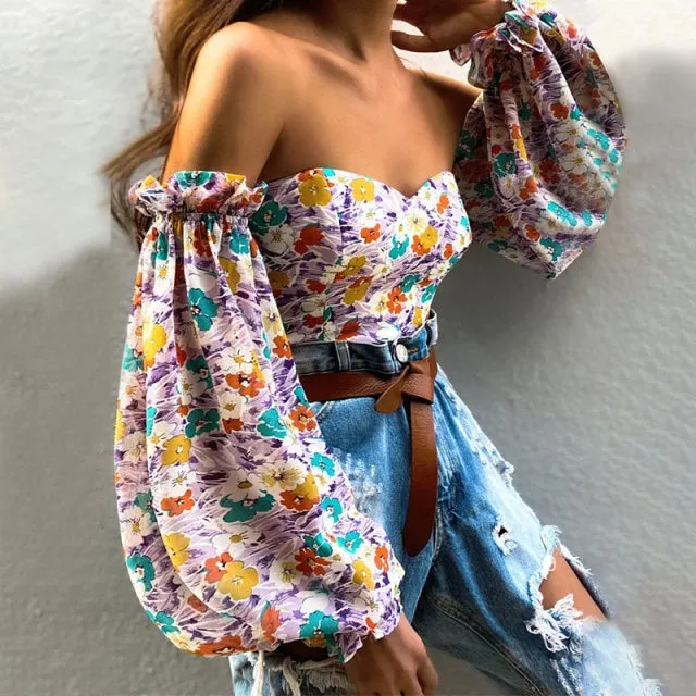Sexy Off Shoulder Ruffles Summer Crop Top Fashion Women Holiday Beach Shirt Vintage Leaf Printed Elegant Female Blouse