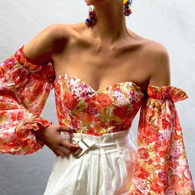 Sexy Off Shoulder Ruffles Summer Crop Top Fashion Women Holiday Beach Shirt Vintage Leaf Printed Elegant Female Blouse