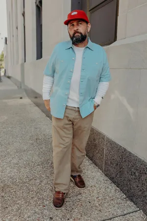 Short Sleeve Workshirt- Powder Blue Cotton Twill