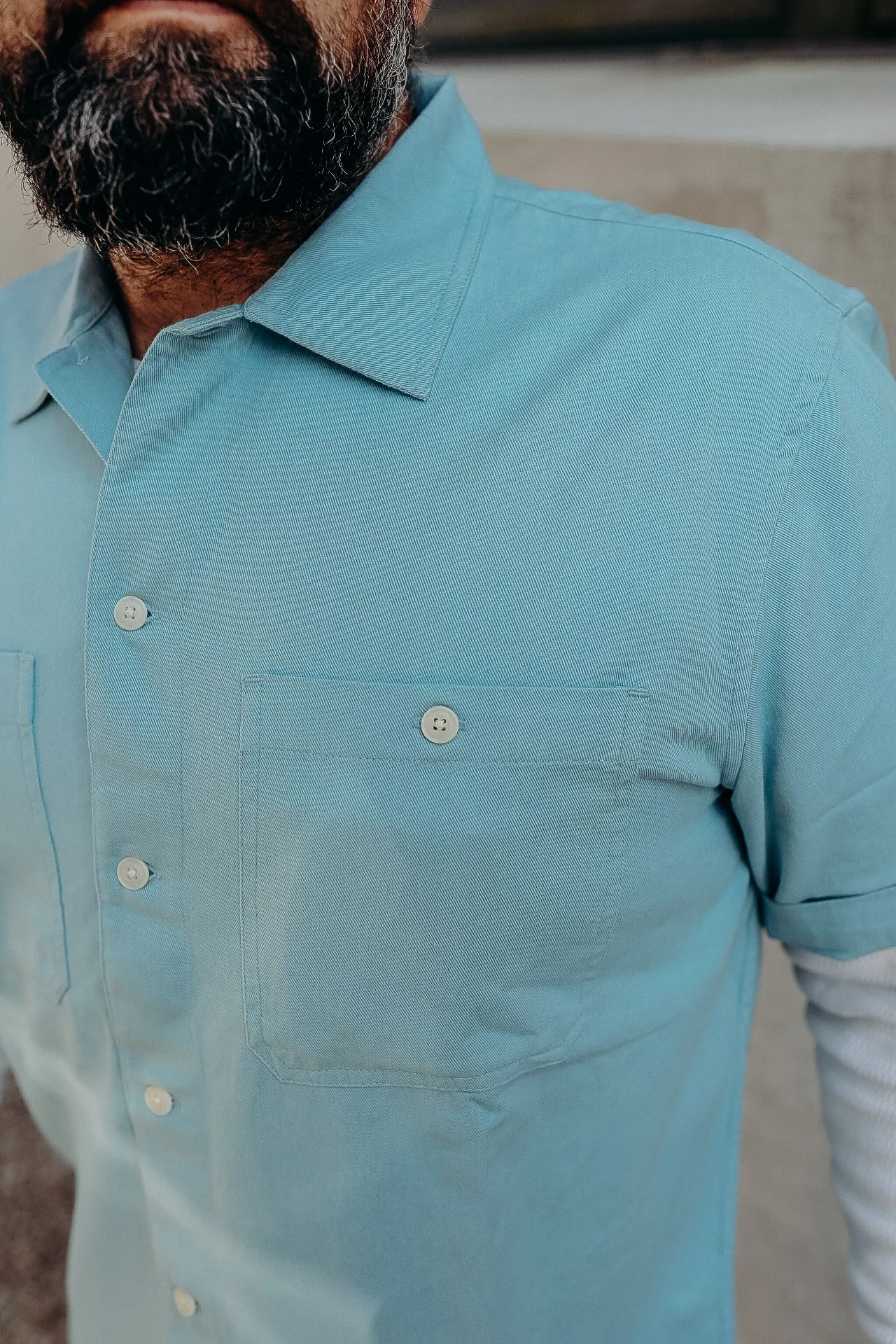 Short Sleeve Workshirt- Powder Blue Cotton Twill
