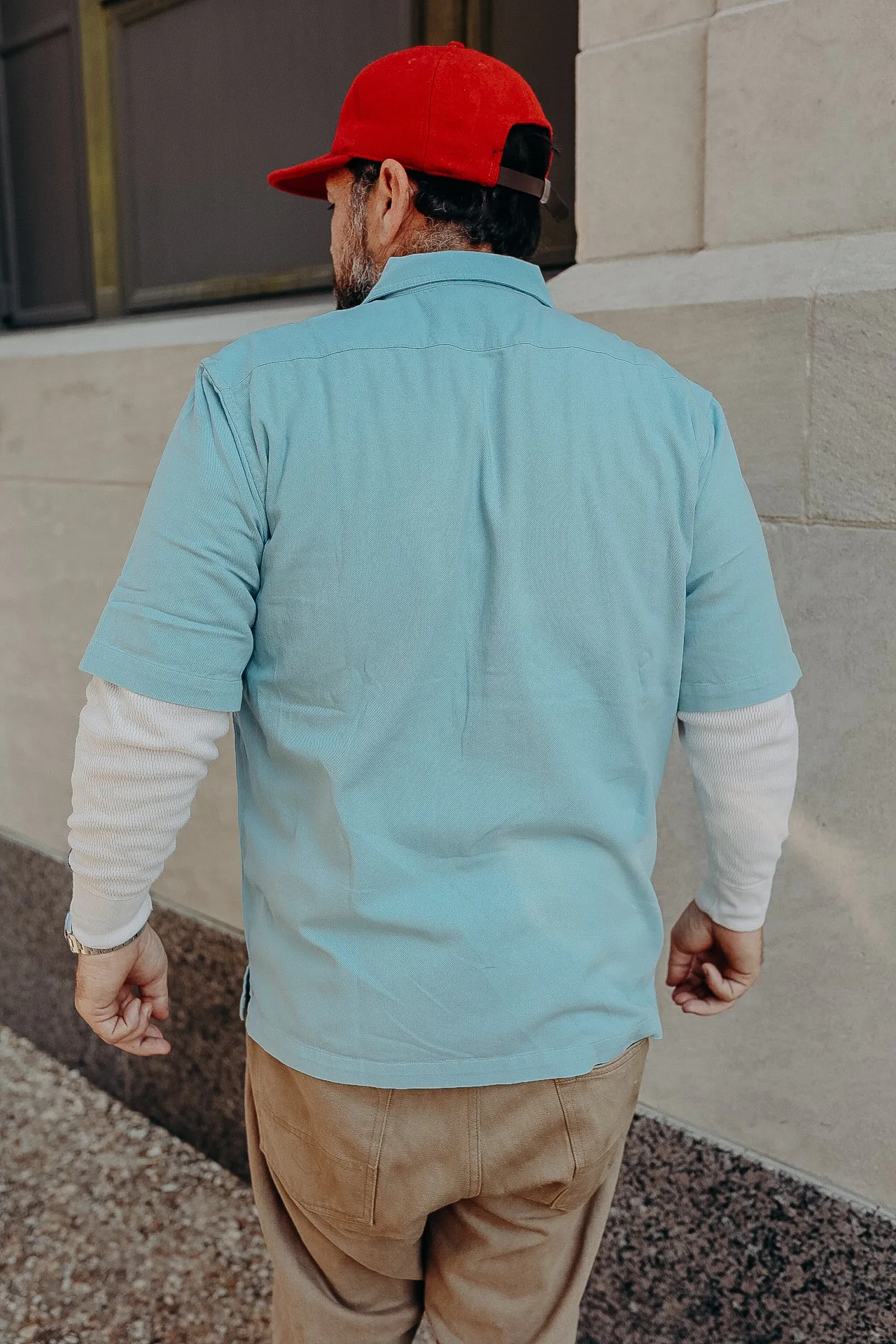 Short Sleeve Workshirt- Powder Blue Cotton Twill