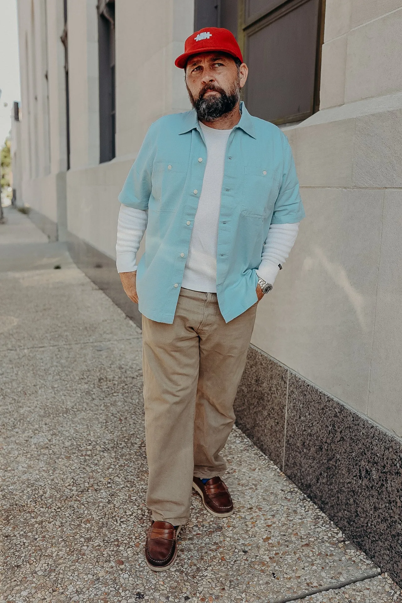 Short Sleeve Workshirt- Powder Blue Cotton Twill