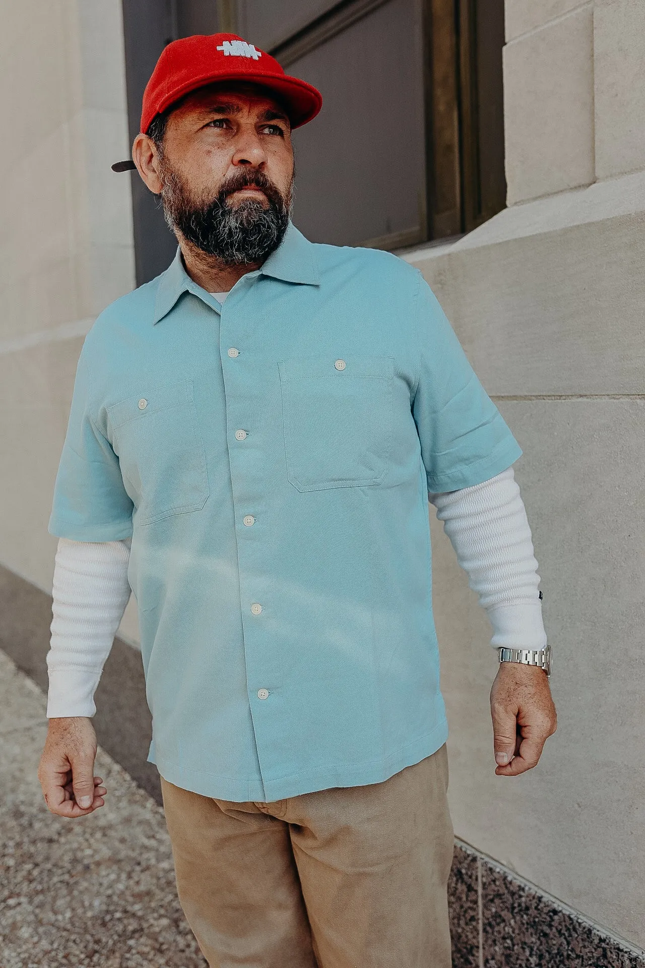 Short Sleeve Workshirt- Powder Blue Cotton Twill