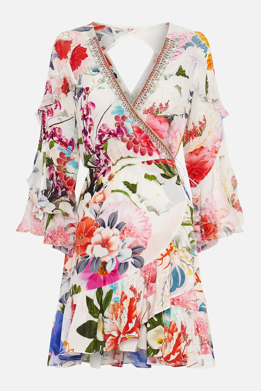 SHORT WRAP DRESS WITH RUFFLES MEMORIES OF A GARDEN