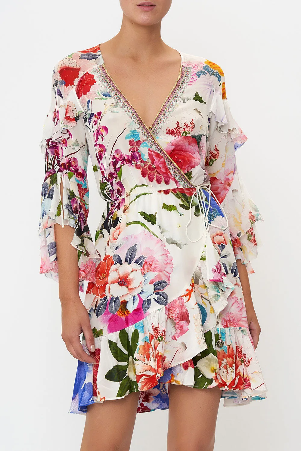 SHORT WRAP DRESS WITH RUFFLES MEMORIES OF A GARDEN