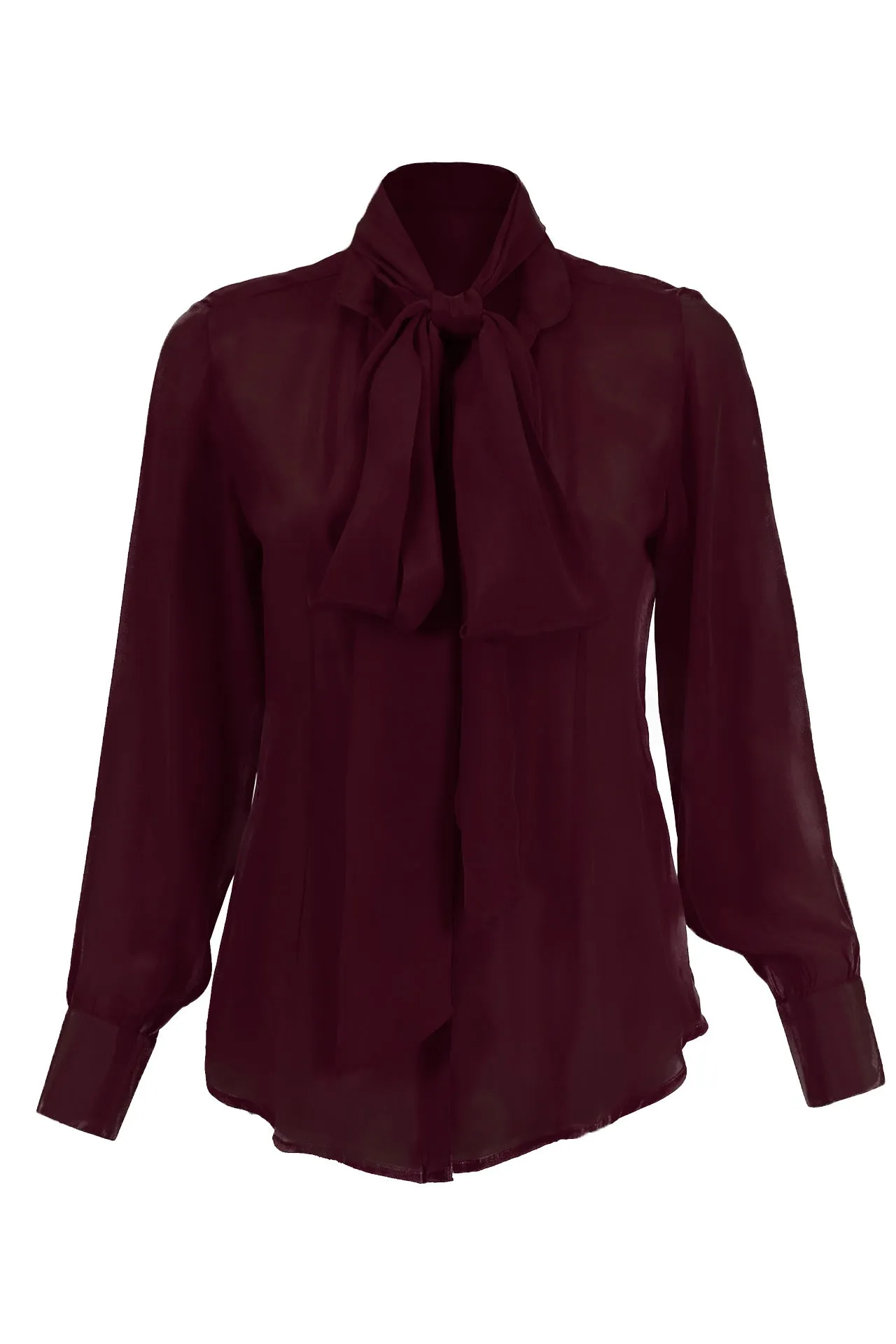 Silk Bow Tie Button-Down Shirt in Burgundy Brown