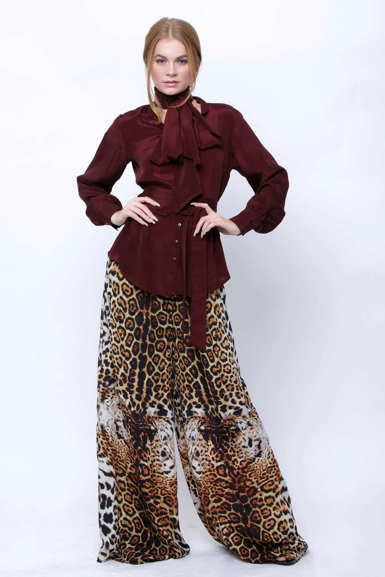 Silk Bow Tie Button-Down Shirt in Burgundy Brown