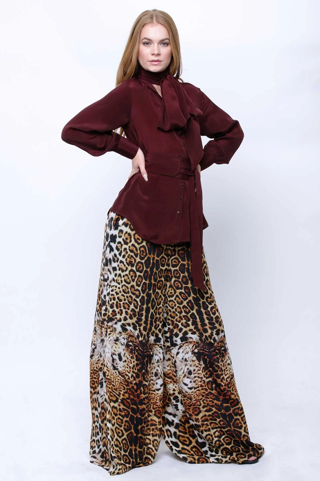 Silk Bow Tie Button-Down Shirt in Burgundy Brown
