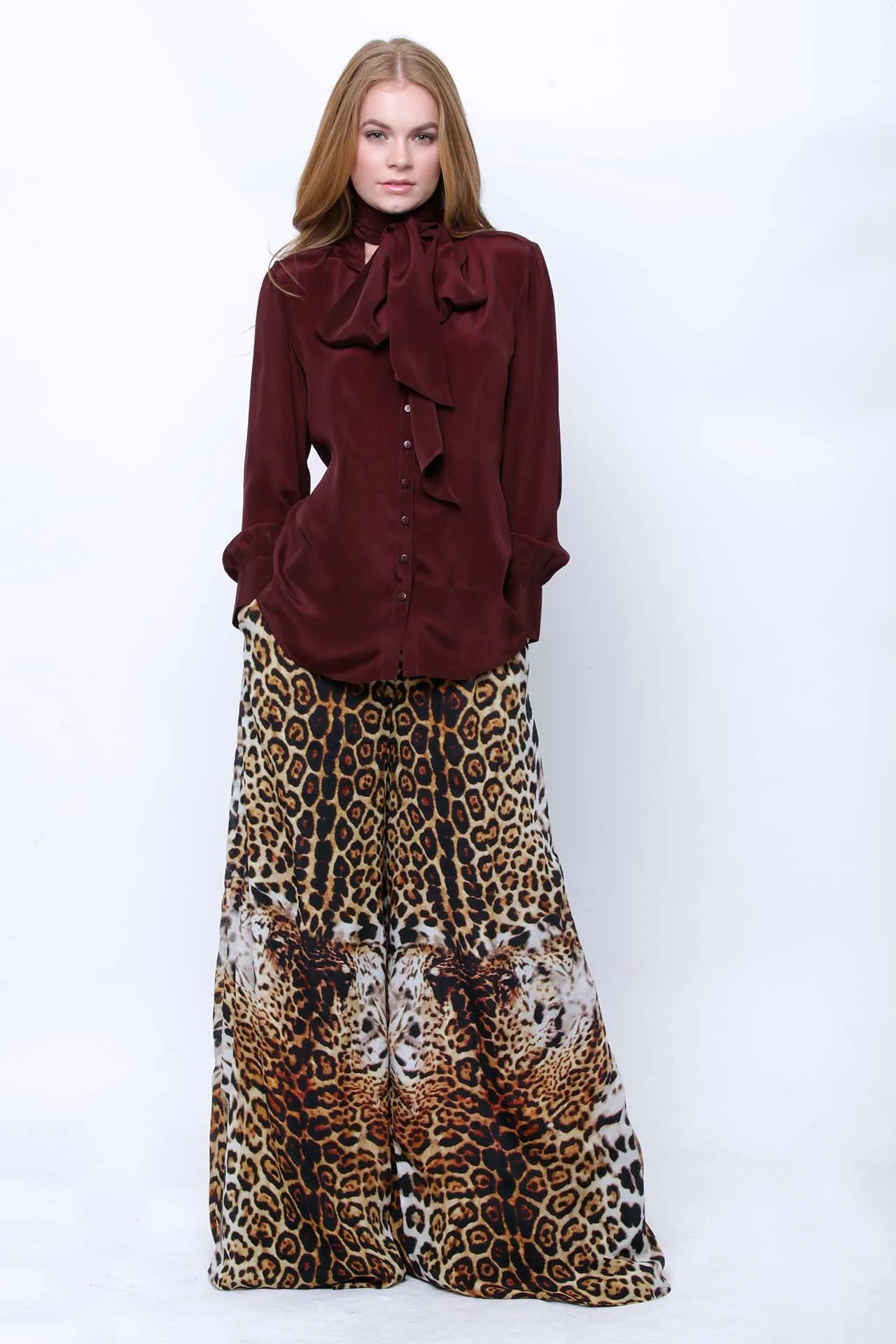 Silk Bow Tie Button-Down Shirt in Burgundy Brown