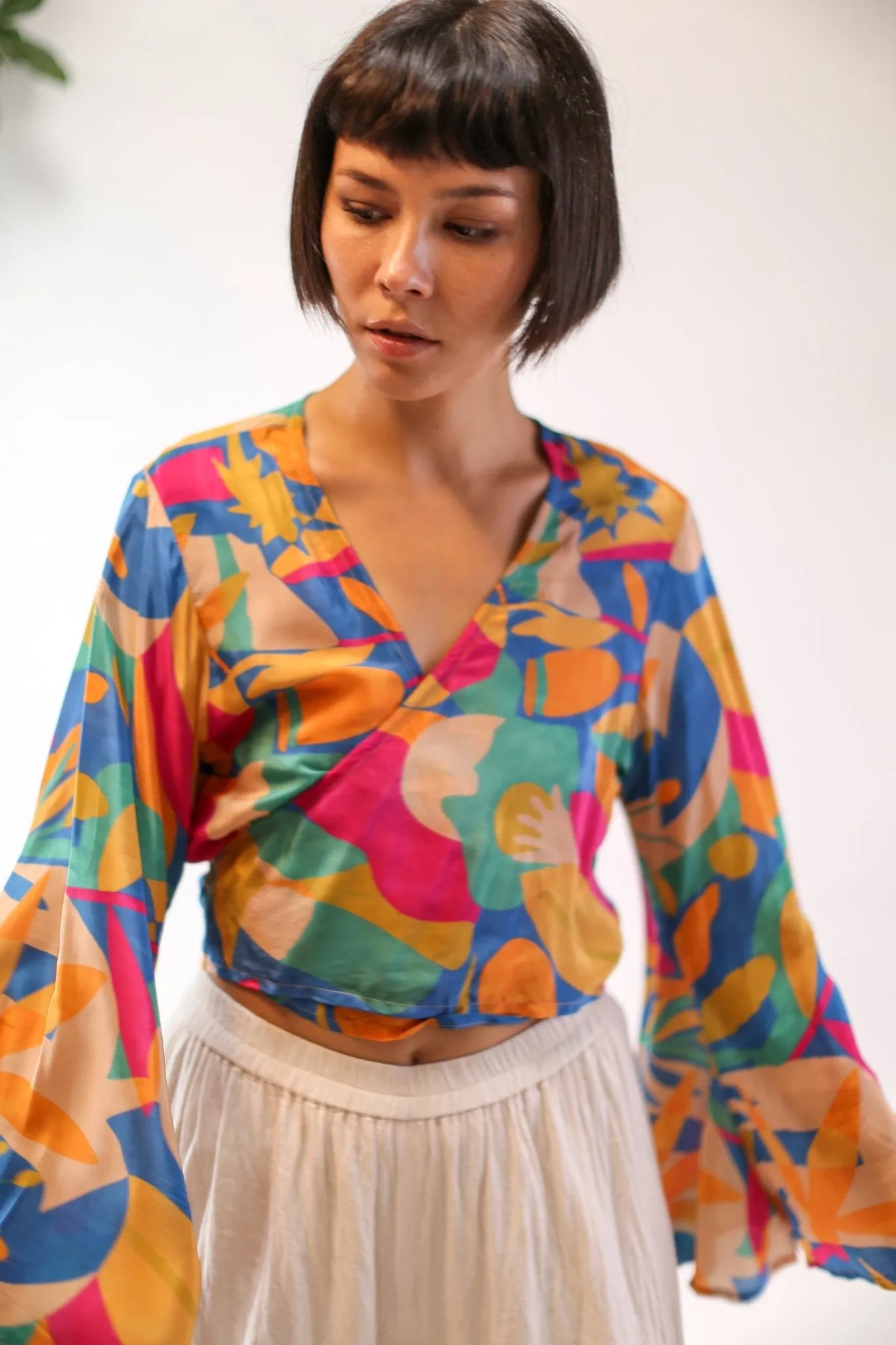 SILK HAND BLOCK PRINT WRAP TOP CELINA