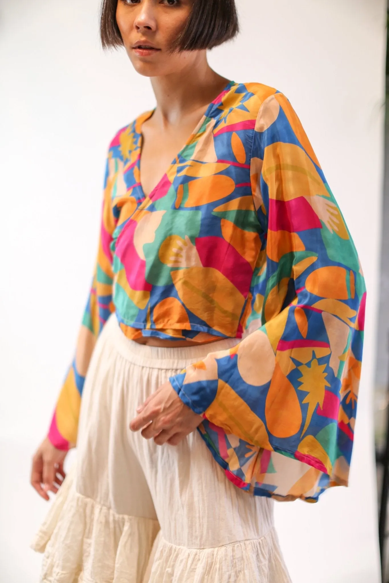 SILK HAND BLOCK PRINT WRAP TOP CELINA