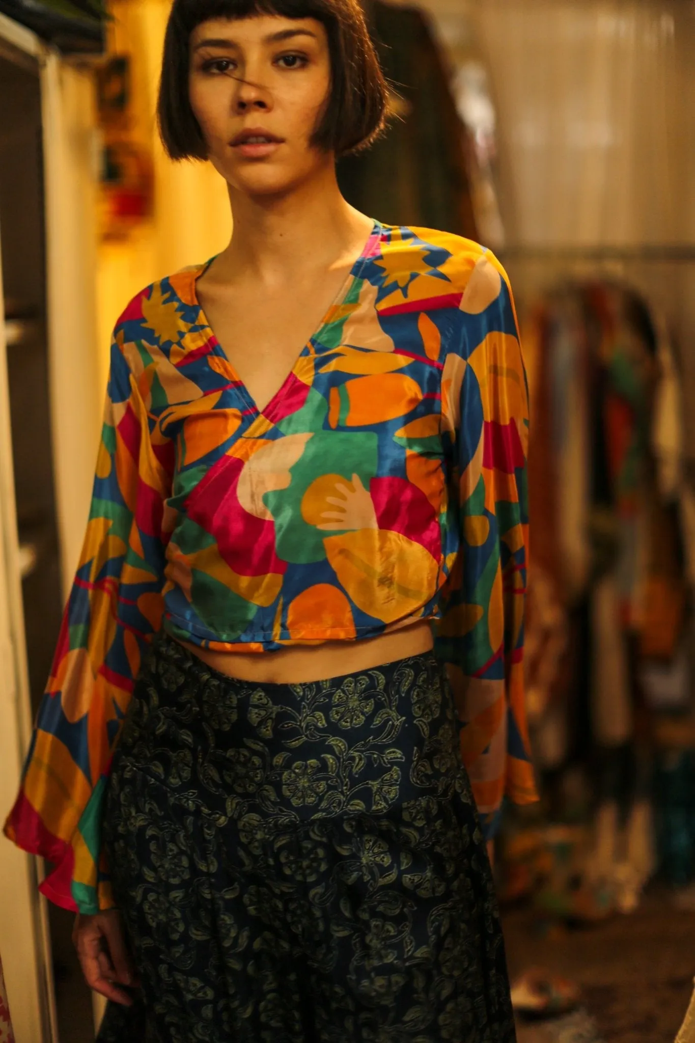 SILK HAND BLOCK PRINT WRAP TOP CELINA