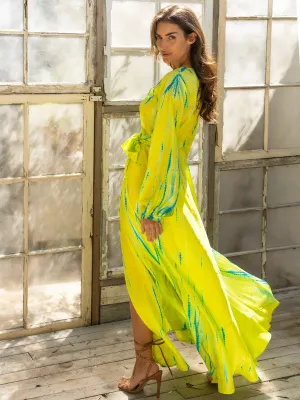 Silk Long Sleeve Wrap Dress - Chartreuse Emerald
