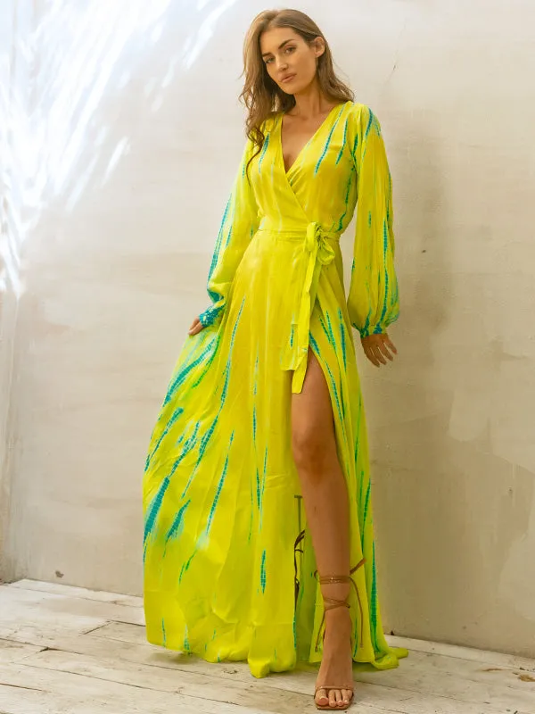 Silk Long Sleeve Wrap Dress - Chartreuse Emerald