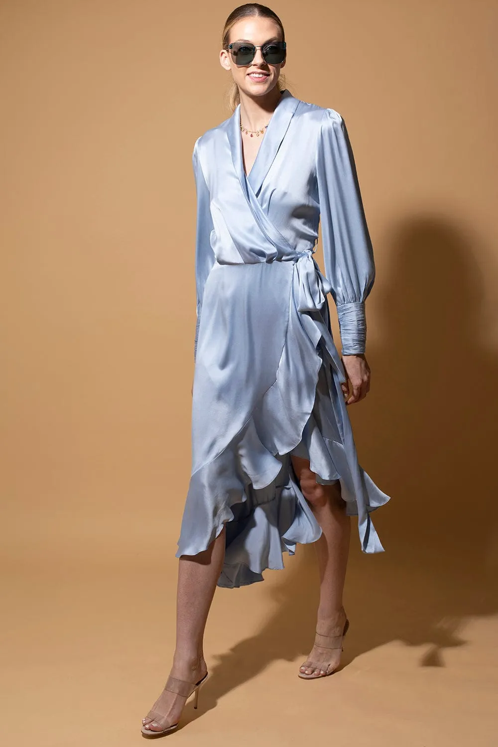 Silk Wrap Midi Dress - Pale Blue