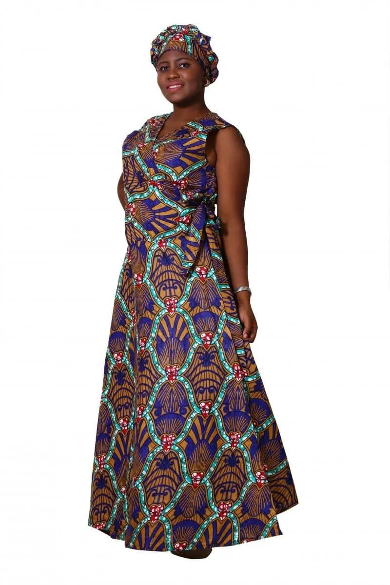 Sleeveless African Print Wrap Dress 1716
