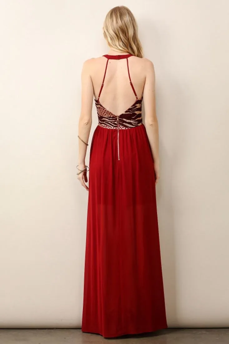 Sleeveless Sequin Maxi Dress High Slit Open Back Burgundy