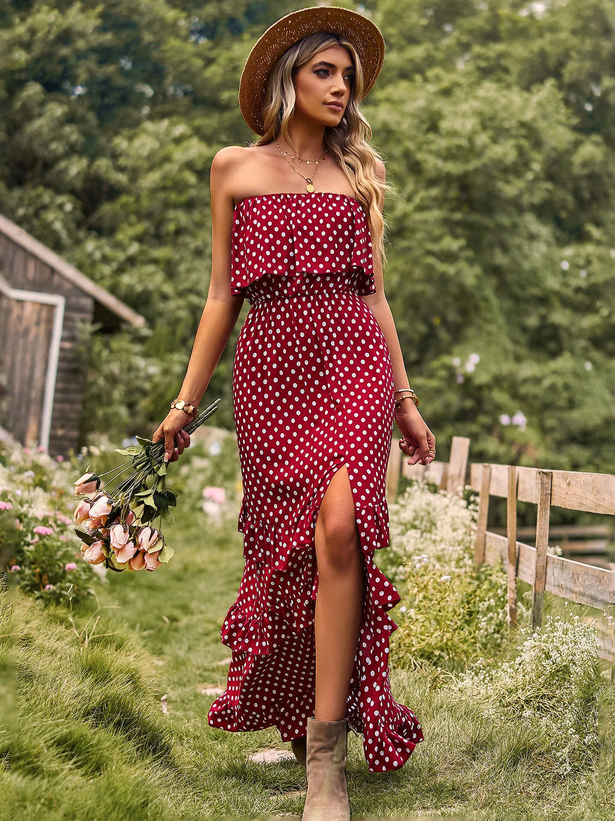 Split Hem Ruffled Layers Polka Dot Dress