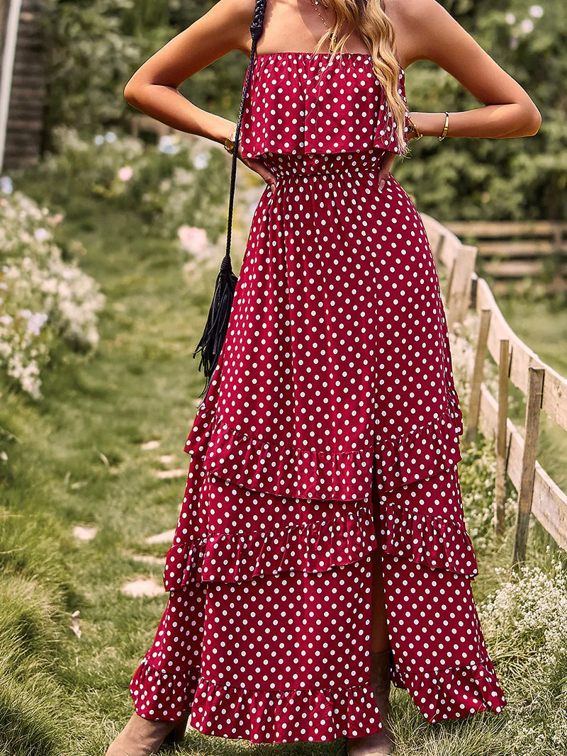 Split Hem Ruffled Layers Polka Dot Dress